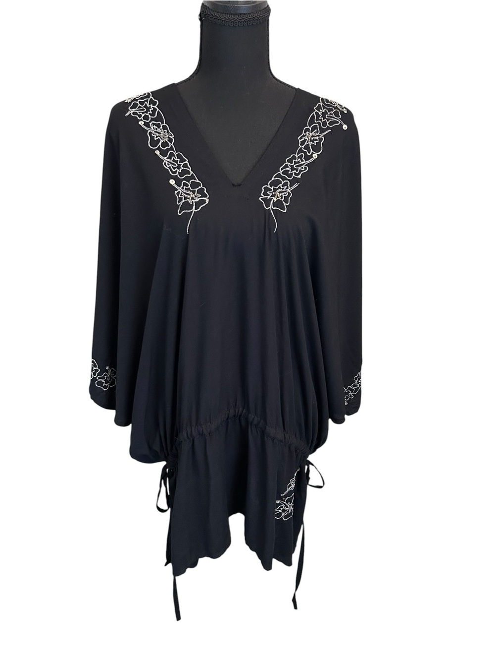 Batik World St. Kitts 100% Linen Embroidered Tunic Dress/Cover-Up | Black O/S